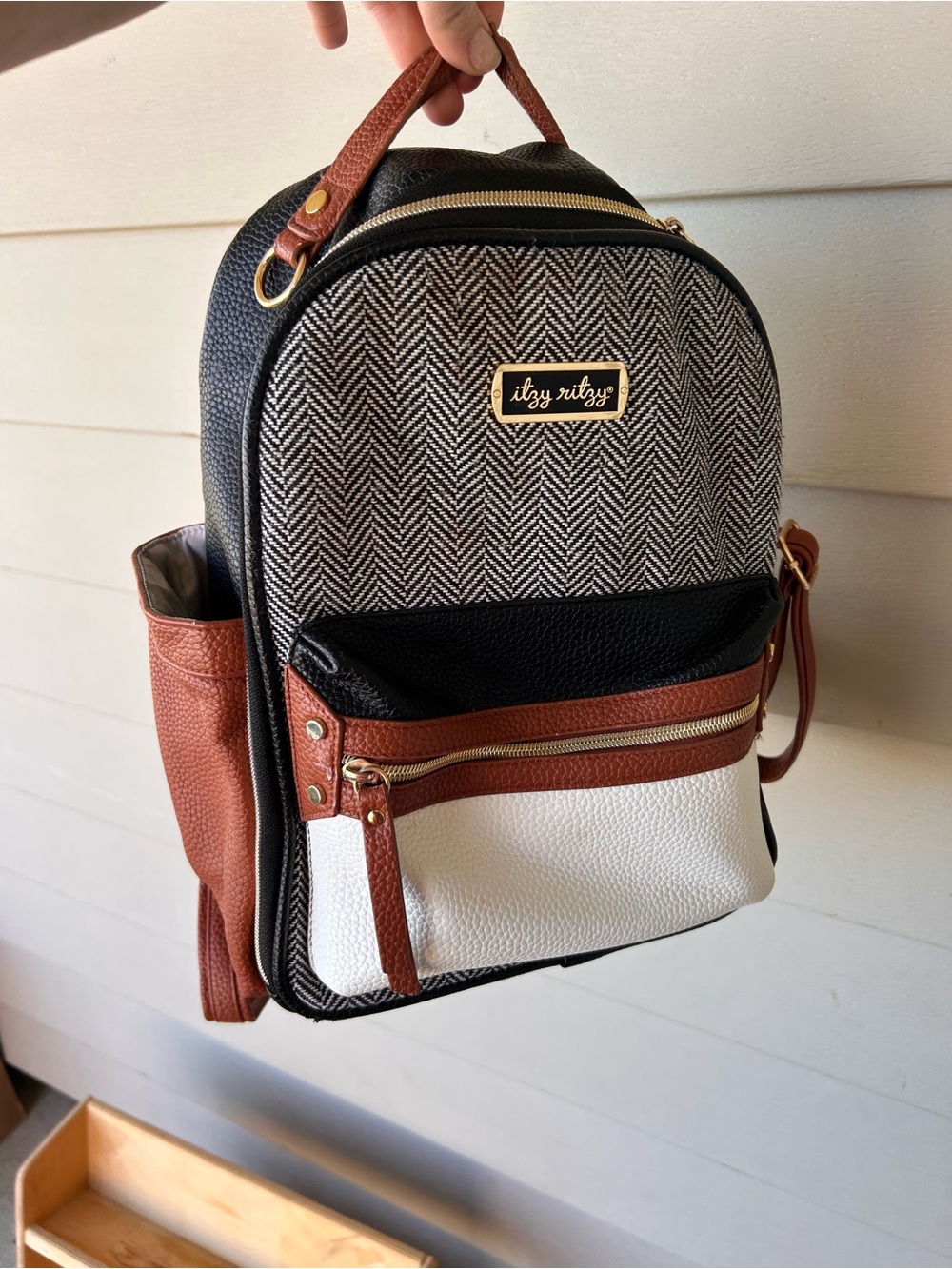 Itzy Ritzy Black Brown White Herringbone Mini Diaper Bag/Backpack